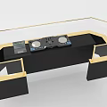 Commercial Equipment Workstation With Black Countertop Golden Frame And Transparent Glass Cover