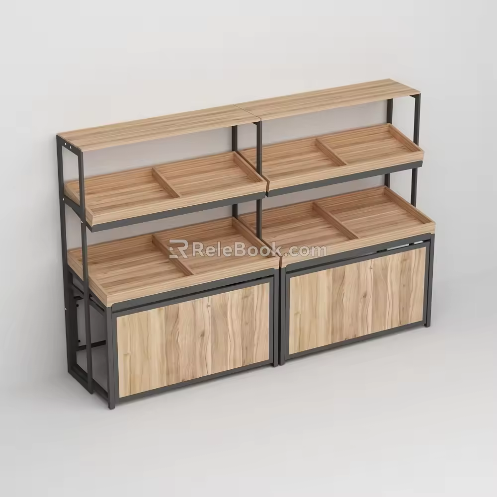 Steel and wood multi-layer fruit and vegetables display shelf container against the wall 3d model