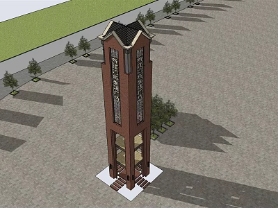 Tall Brick Clock Tower With Classic Design And Surrounded by Trees On Plaza Ground 3d model