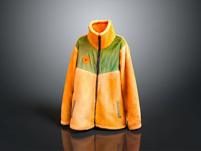 Casual Orange And Green Color Block Fleece Jacket With Full Zip And Pockets 3d model