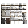 Organized Household Supplies Display With Storage Baskets Cleaning Tools And Kitchen Utensils