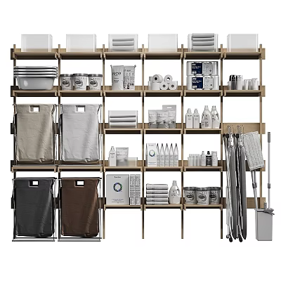 Organized Household Supplies Display With Storage Baskets Cleaning Tools And Kitchen Utensils 3d model