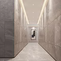 Modern Reception Desk in Spacious Lobby with Gray Marble Walls Sofa Seating and Green Plants