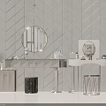 Elegant Modern Dressing Table With Round Mirror Marble Countertop Drawers Lighting And Decorative Stool