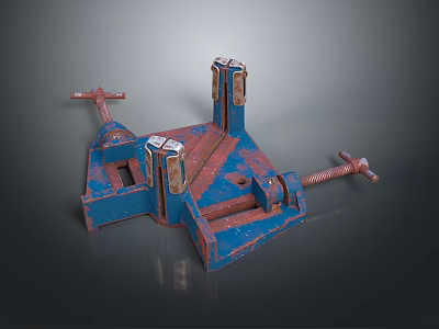Vintage Rusty Blue Red Clamp Tool With Adjustable Screws And Metal Base For Workshop Use 3d model