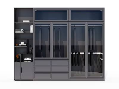 Spacious Modern Wardrobe Featuring Glass Doors Storage Drawers And Hanging Shelves 3d model