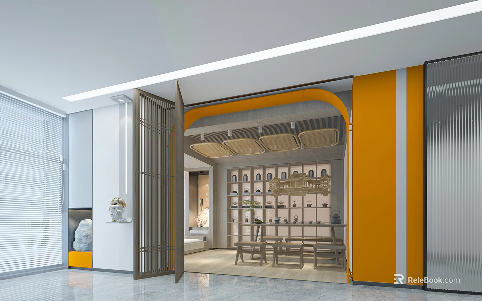 Modern Elegant Open Leisure Area With Orange Walls Wooden Decor Display Shelves And Seating 3d model 