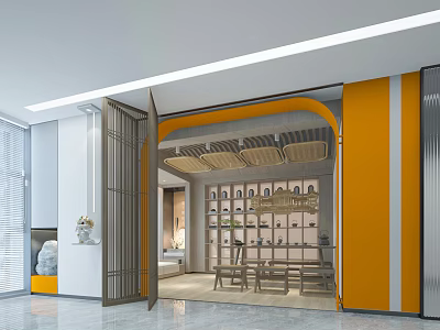 Modern Elegant Open Leisure Area With Orange Walls Wooden Decor Display Shelves And Seating 3d model