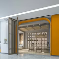 Modern Elegant Open Leisure Area With Orange Walls Wooden Decor Display Shelves And Seating