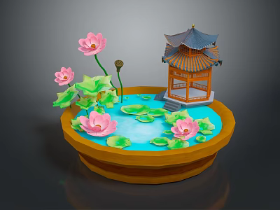 Decorative Pond Scene With Pink Lotus Flowers Green Leaves And Traditional Pagoda 3d model