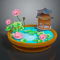 Decorative Pond Scene With Pink Lotus Flowers Green Leaves And Traditional Pagoda