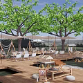 Scenic Camping Site With Wooden Deck String Lights Trees And Tents At Night