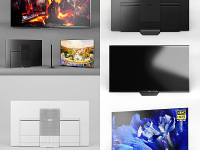 Black And White Slim Television With Ultra HD Display Showing Colorful Flower And Fire Scenes 3d model