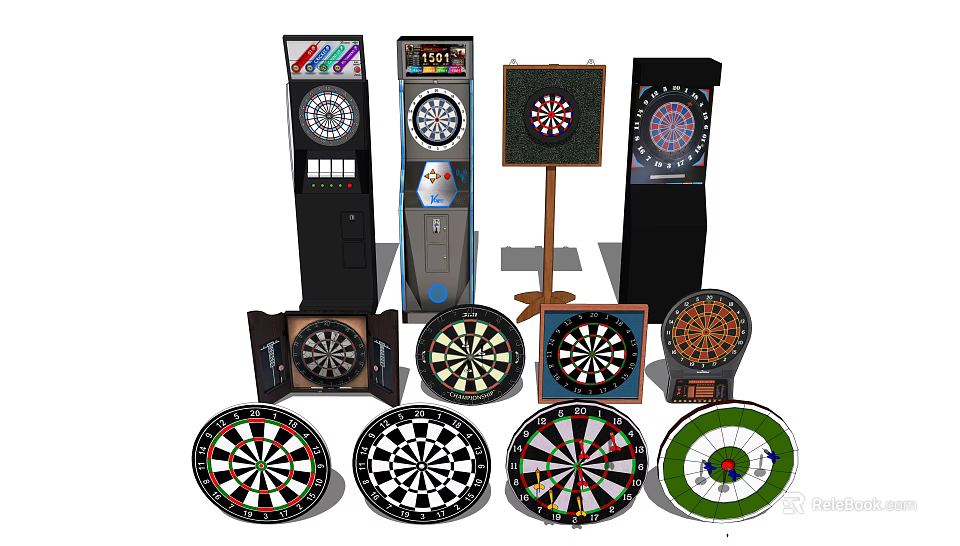 Different Styles Of Professional Dart Sports Equipment Featuring Dartboards And Machines 3d model 