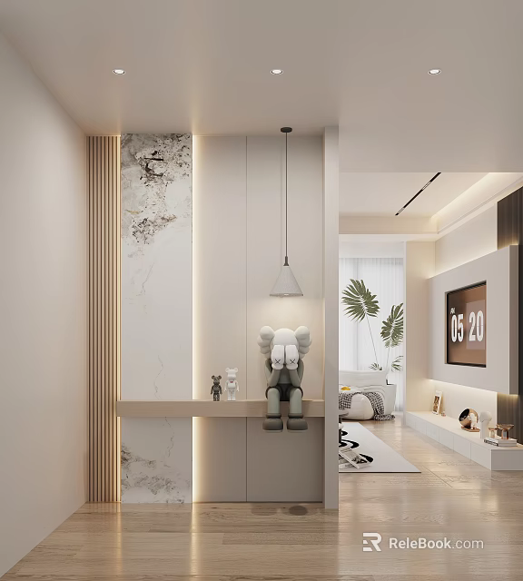 Modern Foyer Hallway Interior Design With Marble Wall Pendant Light And Decorative Figurine 3d model 