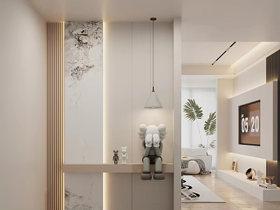 Modern Foyer Hallway Interior Design With Marble Wall Pendant Light And Decorative Figurine 3d model