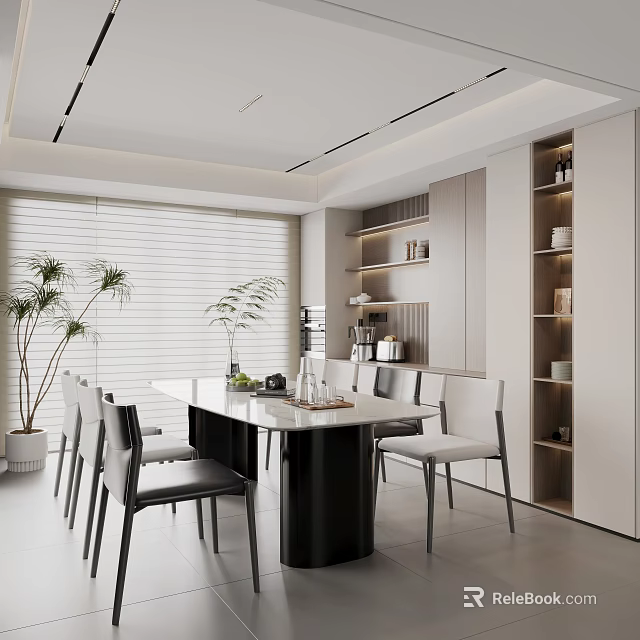 Modern Restaurant Interior Design With Dining Table Chairs And Green Plants 3d model