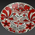 Decorative Oval Shaped Ceramic Plate with Red Floral Patterns and Two Birds 3d model