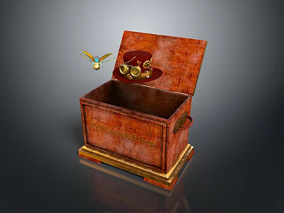 Vintage Wooden Storage Box With Gold Decorative Accents And Open Lid Design 3d model