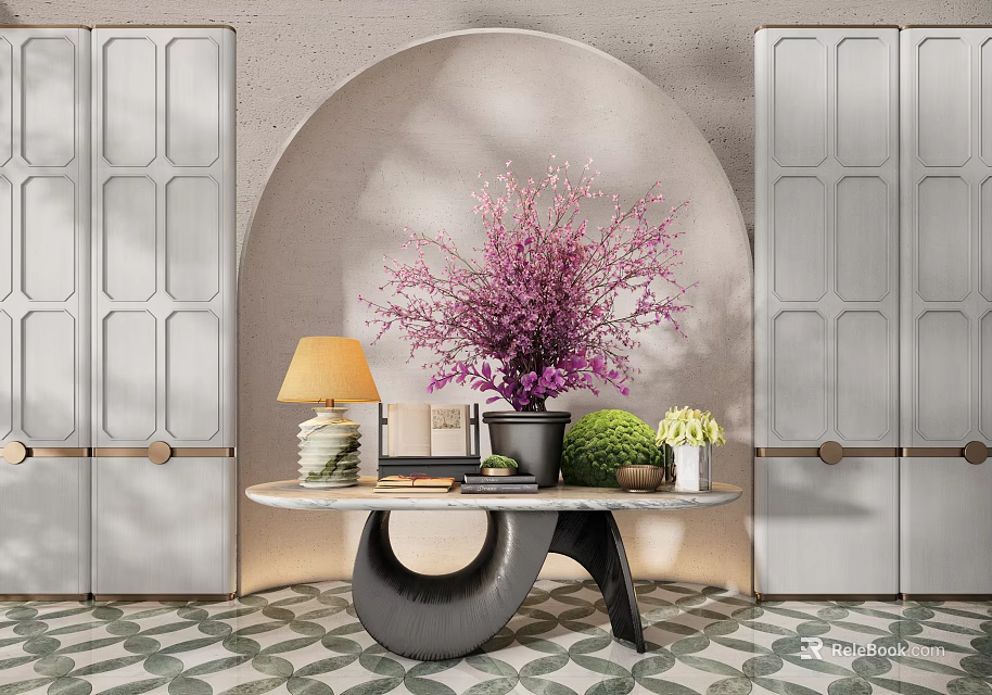 Decorative Ornament Set With Purple Bouquet Lamp Green Plants On Table Arched Wall Gray Cabinets 3d model 