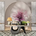 Decorative Ornament Set With Purple Bouquet Lamp Green Plants On Table Arched Wall Gray Cabinets