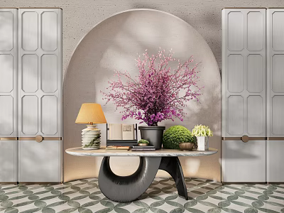 Decorative Ornament Set With Purple Bouquet Lamp Green Plants On Table Arched Wall Gray Cabinets 3d model