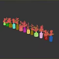 Sculpted Ceramic Vases With Colorful Flowers Arranged In A Row On Gray Background With Reflection