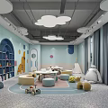 Modern Preschool Interior With Toys Bookshelves And Stools