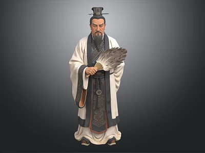 Man Wearing Traditional Ancient Robe Holding Feather Fan And Historical Headpiece 3d model