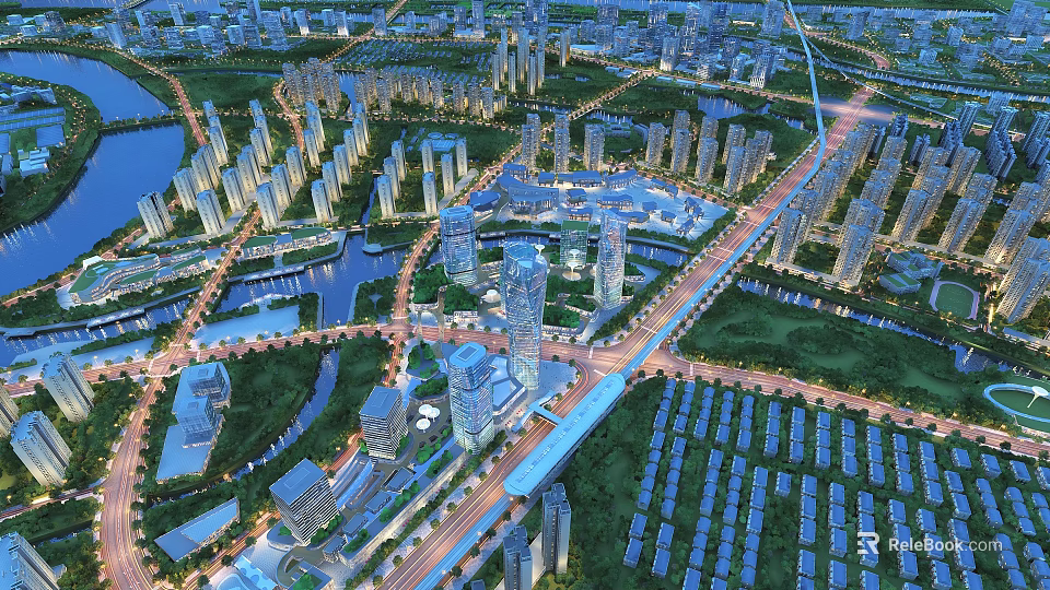 Aerial View City Planning with High Rise Buildings Roads River and Green Areas 3d model 
