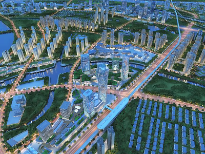 Aerial View City Planning with High Rise Buildings Roads River and Green Areas 3d model
