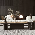 Modern Living Room Interior With Wooden Coffee Table Sofa Flowers And Decor