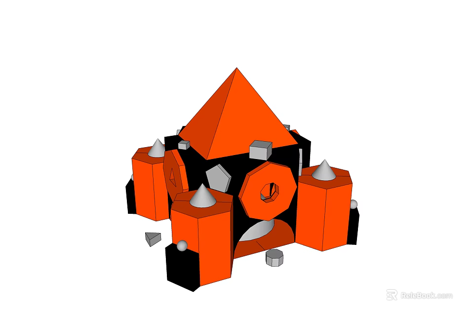 Abstract Geometric Structure With Orange Pyramid Black Cylinders And Hexagonal Elements 3d model 