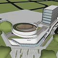 Innovative Modern Architectural Design With Circular Roof Skyscraper And Green Trees