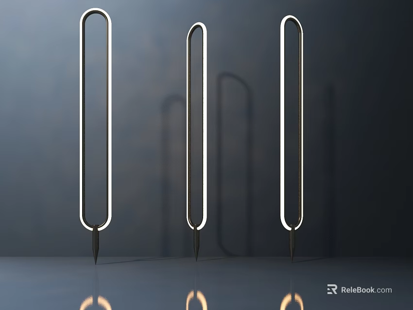 Modern Slim Floor Lamps Three Illuminated Tall Tubes Against Dark Background With Reflective Floor 3d model 