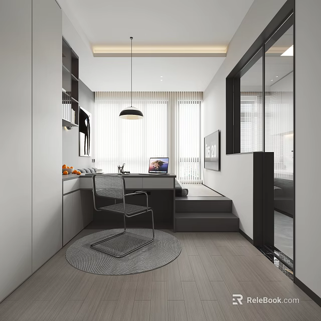 Modern Minimalist Tatami Bedroom Interior With Desk Window And Soft Lighting 3d model 