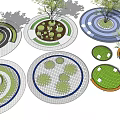 Various Circular Outdoor Flower Planters With Trees And Green Patterns Design 3d model
