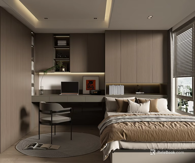 Tatami Bedroom Minimalist Wooden Desk With Computer Cozy Pillows Window Blinds Interior Design 3d model 