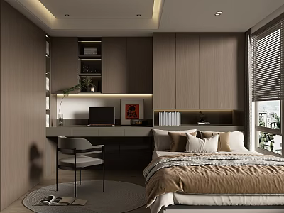 Tatami Bedroom Minimalist Wooden Desk With Computer Cozy Pillows Window Blinds Interior Design 3d model