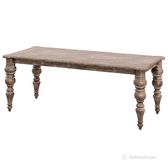 Rustic Wooden Dining Table With Carved Turned Legs And Weathered Solid Surface 3d model