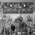 Various Indoor Bonsai And Potted Plants With Green Wall Hanging Planters And Decorative Pots