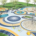 Residential Landscape Children's Playground Design With Circular Zones Colorful Pavement Slides Swings And Green Trees