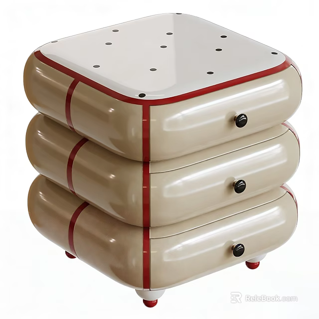 Bedside Table With Three Drawer Stacked Design Beige Red Decorative Stripes Black Knobs And Wheels 3d model 