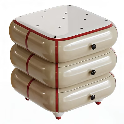 Bedside Table With Three Drawer Stacked Design Beige Red Decorative Stripes Black Knobs And Wheels 3d model