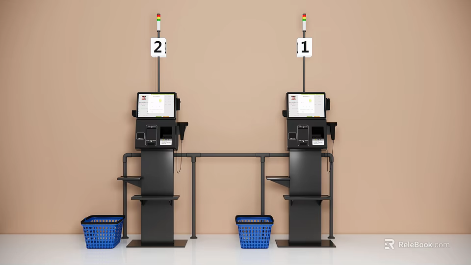 Modern Commercial Self Service Checkout Machines With Digital Screens And Blue Shopping Baskets 3d model 