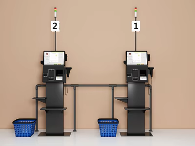 Modern Commercial Self Service Checkout Machines With Digital Screens And Blue Shopping Baskets 3d model