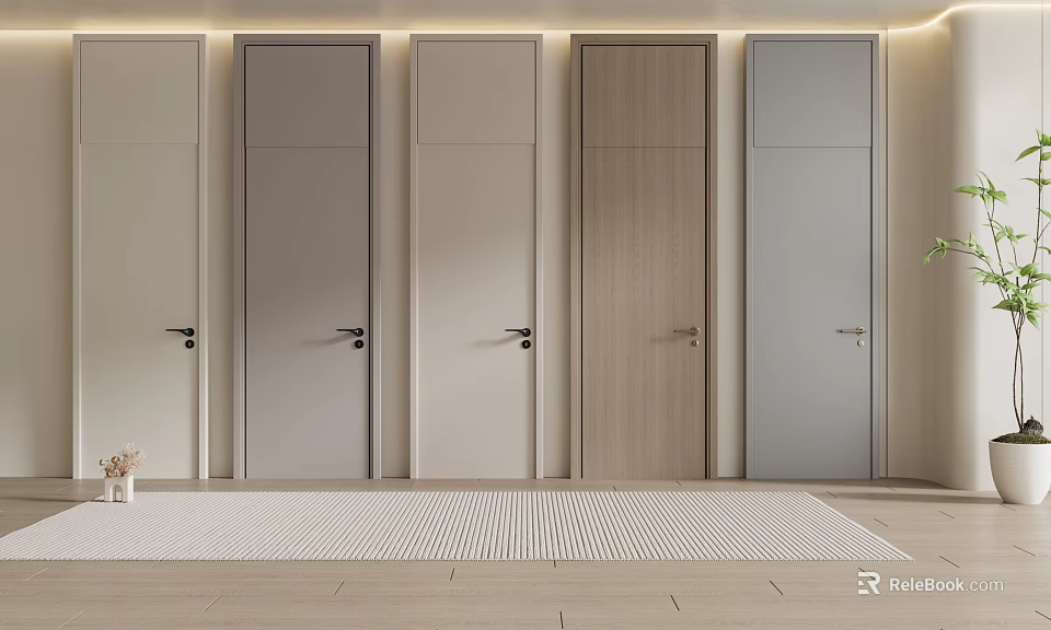 Modern Interior Design Featuring Various Colored Hinged Doors And Wooden Flooring 3d model