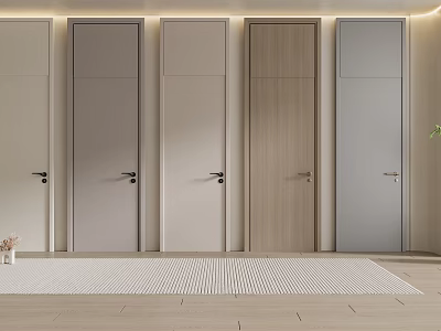 Modern Interior Design Featuring Various Colored Hinged Doors And Wooden Flooring 3d model