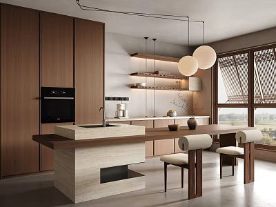 Modern Restaurant Kitchen Design With Open Concept Wooden Cabinets Island Counter And Pendant Lights 3d model