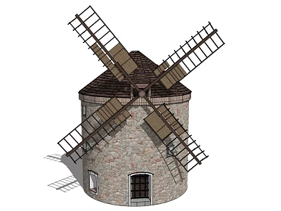 Traditional Windmill Building Components With Stone Walls Conical Roof And Wooden Blades 3d model